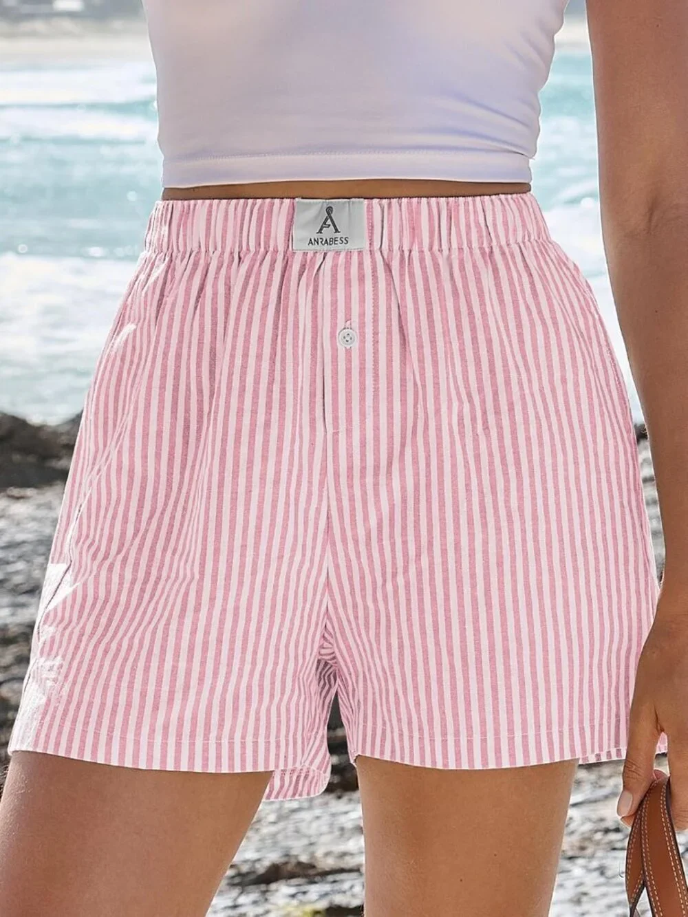 Women's Pink White Stripe Boxer Shorts for Gingham  Summer Lounge Sleep Shorts